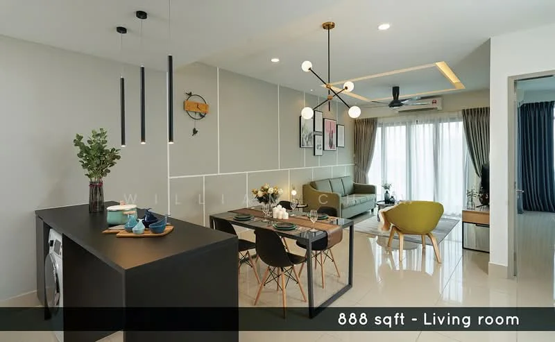 Living features: grey fabric sofa, black coffee table, dining table for 4, green accent chair, pendant lighting with multiple bulbs, recessed ceiling lights, floor-to-ceiling windows with sheer curtains, white walls with decorative paneling, light-colored tiled flooring, air conditioning unit on wall, decorative wall art, potted plants; style: modern; view: city.