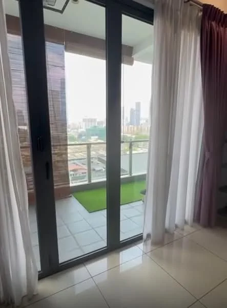 Room features: floor-to-ceiling sliding glass door, sheer curtains, blackout curtains, tile flooring, balcony view, city skyline view; style: modern; view: city.