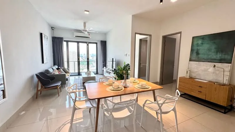 Living features: 3-seater fabric sofa in grey, 2 white armchairs, coffee table, TV console, wall-mounted TV, area rug, floor-to-ceiling windows, curtains, ceiling fan with light, marble tile flooring, decorative wall art; style: modern; view: city. Dining features: 6-seater dining table, white dining chairs, decorative centerpiece, marble tile flooring; style: modern; view: city.