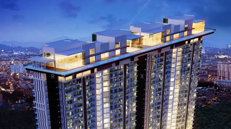 Exterior type: high-rise condominium; features: glass curtain wall, illuminated rooftop terrace, multiple recessed balconies, modern architectural design, nighttime lighting, surrounded by city skyline, urban landscape view; style: modern.