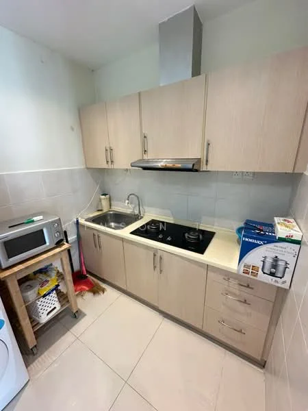 Kitchen features: light wood cabinetry, white countertop, single-bowl stainless-steel sink, chrome pull-down faucet, built-in gas hob, built-in range hood, microwave, tile backsplash, ceramic tile flooring, washing machine, open shelving, broom and cleaning supplies; style: modern.