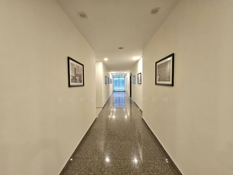 Hallway features: white painted walls, polished granite flooring, recessed downlights, framed artwork on walls, glass door at the end of the hallway; style: modern.