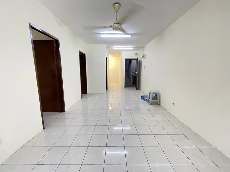 Room features: white painted walls, glossy white tile flooring, ceiling light fixture, 3-door wooden doors, open layout, no visible furniture, neutral color scheme, well-lit space; style: minimalist.