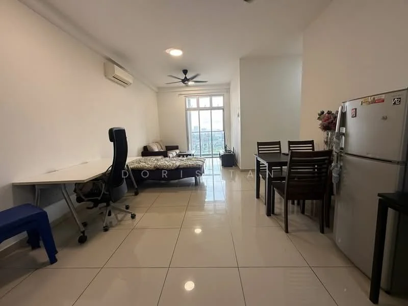 Living features: white painted walls, glossy tile flooring, 5-blade ceiling fan with light, floor-to-ceiling windows, sliding glass door, sofa bed, dining table with 4 chairs, study desk, refrigerator, computer chair; style: modern; view: city.