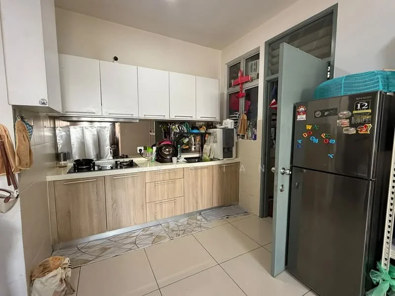 Kitchen features: light wood cabinetry, white upper cabinets, black countertop, stainless-steel sink, gas stove with two burners, built-in oven, refrigerator, tile backsplash, ceramic tile flooring, window with sheer curtains, kitchen utensils on countertop, appliances on countertop; style: modern.
