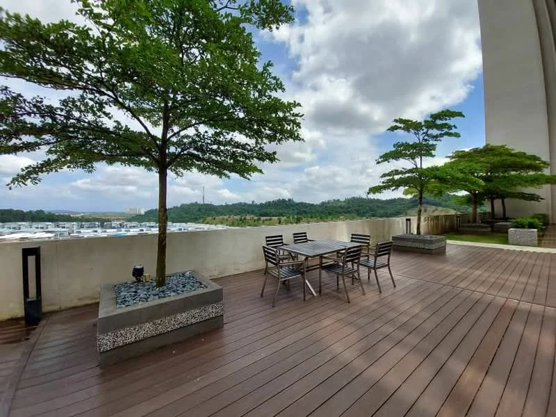 Exterior features: wooden deck flooring, outdoor dining table with chairs, landscaped planters with trees, concrete wall, view of greenery and hills, outdoor lighting fixture; style: modern.