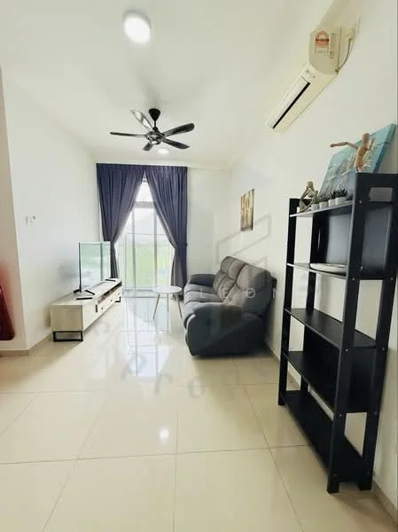 Living features: 3-seater fabric sofa in grey, coffee table, TV console, wall-mounted TV, floor-to-ceiling windows, sheer curtains, 5-blade ceiling fan with light, wall-mounted split AC, light-colored tiled flooring, decorative wall art, open shelving unit, neutral painted walls; style: modern; view: garden.