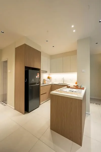 Kitchen features: white upper cabinets, wood lower cabinets, granite countertop, stainless-steel fridge, built-in oven, 4-burner gas hob, single-bowl stainless-steel sink, chrome pull-down faucet, recessed LED downlights, tile flooring, neutral wall color, backlit countertop, open layout; style: modern.