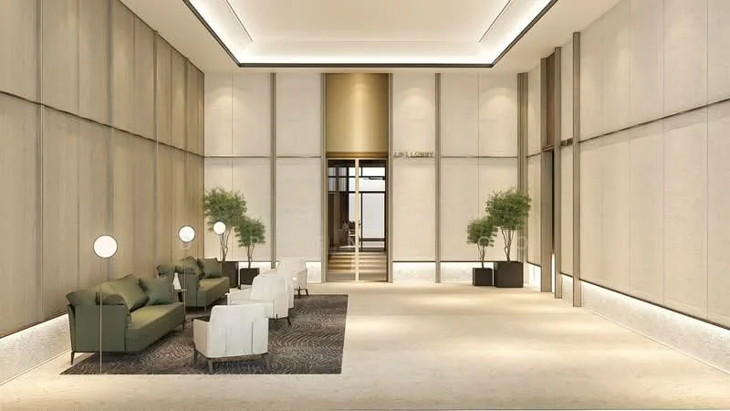 Room features: light beige walls, wood paneling, recessed lighting, modern ceiling with LED lights, green fabric sofa, white armchairs, decorative area rug, indoor plants in pots, marble flooring, glass entrance, neutral color palette; style: modern.
