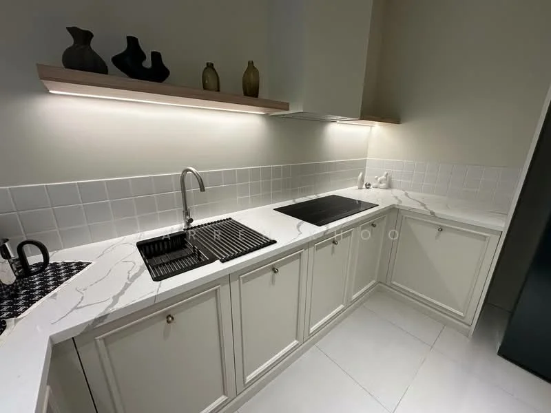 Kitchen features: white cabinetry with decorative knobs, marble countertop with veining, stainless-steel sink with gooseneck faucet, built-in induction cooktop, white tiled backsplash, under-cabinet lighting, open shelving with decorative vases, ceramic tile flooring; style: modern.