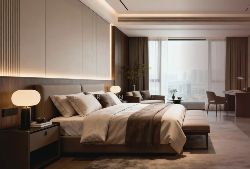 Bedroom features: king-size bed, upholstered headboard, white bedding with decorative throw, bedside lamps with round shades, wooden nightstand, wooden flooring, large window with sheer curtains, desk with chair, decorative plant, wall paneling, recessed lighting, neutral color palette; style: modern; view: city.