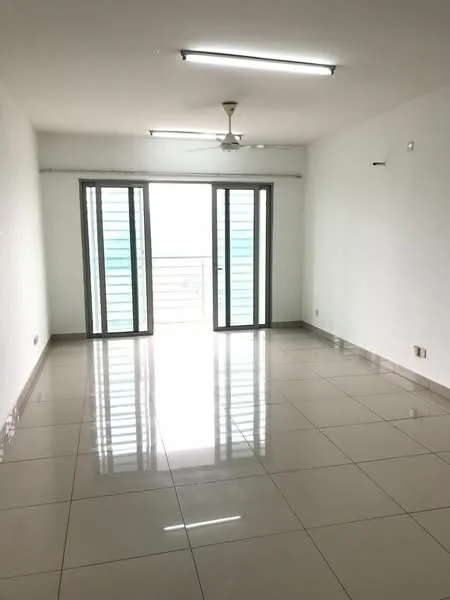 Living features: white painted walls, glossy ceramic tile flooring, 5-blade ceiling fan with light, floor-to-ceiling sliding glass doors, natural light from windows, neutral color scheme, no visible furniture, open layout; style: modern; view: city.