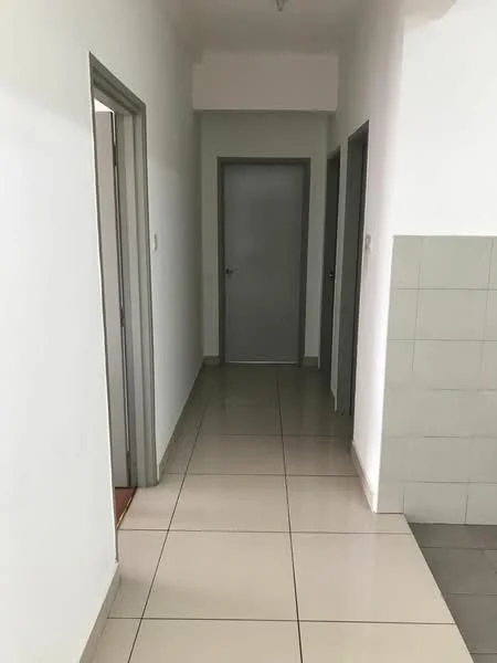 Hallway features: white painted walls, grey doors, tile flooring, recessed ceiling lights, neutral color scheme, wide corridor, multiple doorways, smooth ceiling; style: modern.