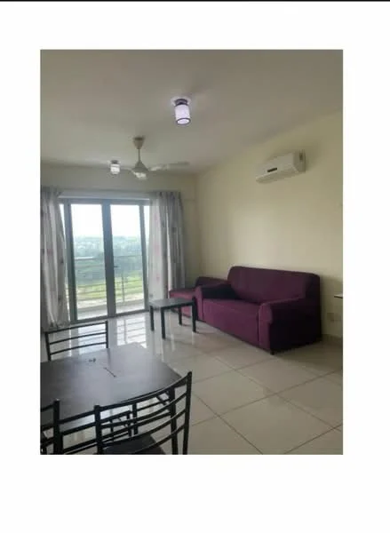 Living features: purple fabric sofa, dining table with black metal legs, 4 black metal dining chairs, floor-to-ceiling sliding glass door, curtains with floral pattern, wall-mounted split AC, ceiling fan with light, white painted walls, glossy tile flooring, view of greenery; style: modern; view: garden.