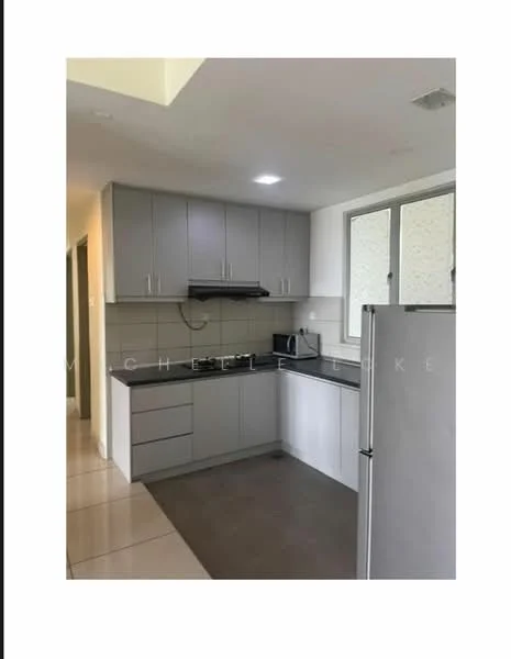 Kitchen features: grey cabinetry, white tiled backsplash, stainless-steel fridge, built-in oven, 4-burner gas hob, black exhaust hood, single-bowl stainless-steel sink, chrome pull-down faucet, ceramic tile flooring, recessed downlights, window with frosted glass, countertop with grey surface; style: modern.