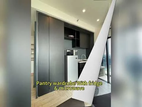 Kitchen features: pantry wardrobe, fridge, microwave, stainless-steel sink, chrome pull-down faucet, black cabinetry, open shelving, wooden flooring, wall-mounted cabinets, countertop space; style: modern; view: city.