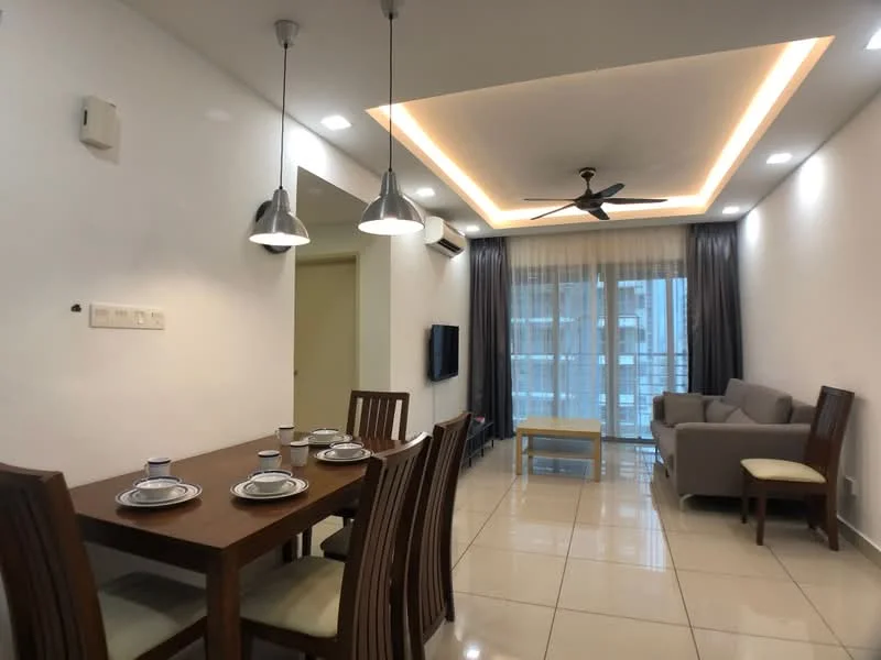 Dining features: wooden dining table, 4 dining chairs, table setting with plates and cups, pendant lighting above table; style: modern. Living features: sofa in light grey fabric, coffee table, wall-mounted TV, floor-to-ceiling windows with sheer curtains, ceiling fan with light, recessed lighting, glossy tiled flooring, decorative wall panel with lighting; style: modern.
