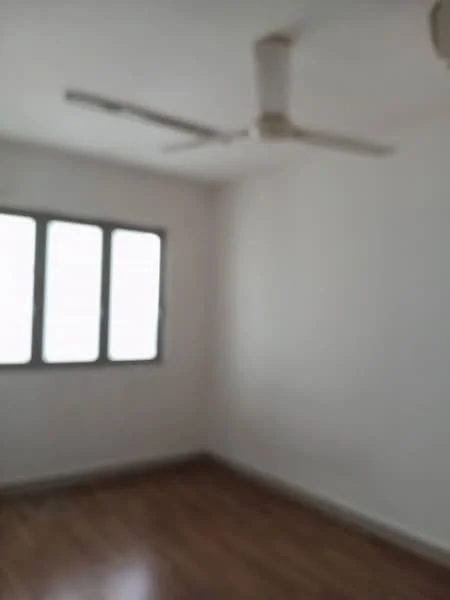 Room features: white painted walls, wooden flooring, ceiling fan.