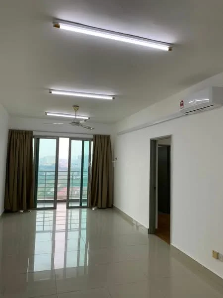 Living features: white painted walls, glossy ceramic tile flooring, 5-blade ceiling fan with light, 2 wall-mounted split AC units, floor-to-ceiling sliding glass door, sheer curtains, recessed lighting, neutral color scheme; style: modern; view: city.
