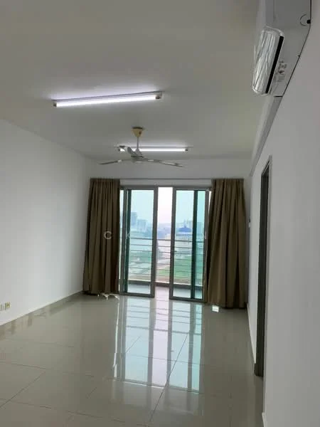 Living features: white painted walls, glossy ceramic tile flooring, 5-blade ceiling fan with light, floor-to-ceiling sliding glass door, curtains in beige, air conditioning unit, recessed ceiling lights; style: modern; view: city.