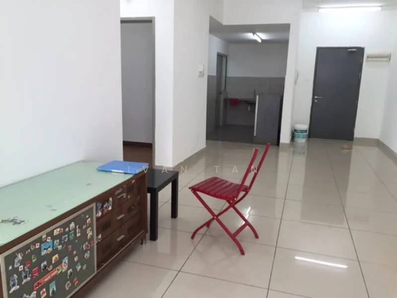 Room features: glossy tile flooring, white painted walls, ceiling lights, wooden sideboard with drawer, black table, red folding chair, open layout, kitchen area visible in background; style: modern.