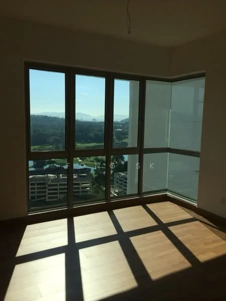 Room features: floor-to-ceiling windows, wooden flooring, natural light, mountain view, city skyline view, corner window, neutral wall color, sunlight casting shadows; style: modern; view: mountain.