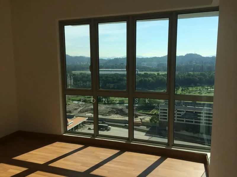 Room features: large floor-to-ceiling windows, wooden flooring, mountain view, city skyline view, natural light, neutral wall color; style: modern; view: mountain.