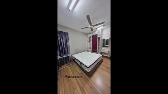 Bedroom features: wooden flooring, grey painted walls, 5-blade ceiling fan, built-in wardrobe, window with curtain, mirror on wall, bed frame without mattress, decorative wall panel; style: modern.