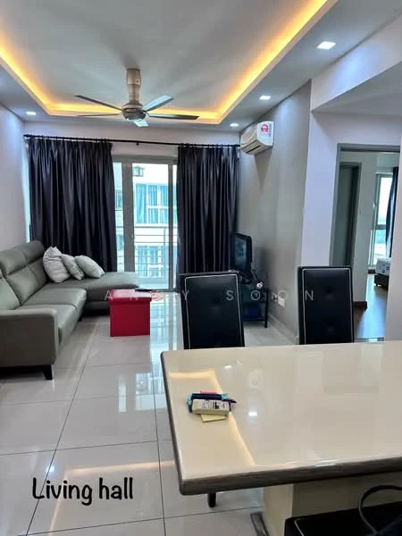 Living features: 3-seater fabric sofa in grey, ceiling fan, recessed LED downlights, floor-to-ceiling windows, blackout curtains, white walls, glossy tile flooring, TV console, wall-mounted TV, coffee table, decorative cushions; style: modern; view: city. Room features: kitchen island with countertop, stainless-steel appliances, open layout.