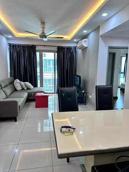 Living features: 3-seater fabric sofa in grey, ceiling fan with light, floor-to-ceiling windows, blackout curtains, white walls, recessed LED downlights, polished tile flooring, TV console, wall-mounted TV, decorative cushions, coffee table, area rug; style: modern; view: city. Dining features: dining table with glossy surface, 4 black dining chairs, open shelving, decorative items on table; style: modern.