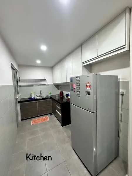 Kitchen features: grey ceramic tile flooring, white painted walls, flat-panel white cabinets, dark wood lower cabinets, stainless-steel fridge, single-bowl stainless-steel sink, chrome pull-down faucet, countertop with black finish, wall-mounted shelving, recessed LED downlights, window with sliding glass door, kitchen mat on floor; style: modern.