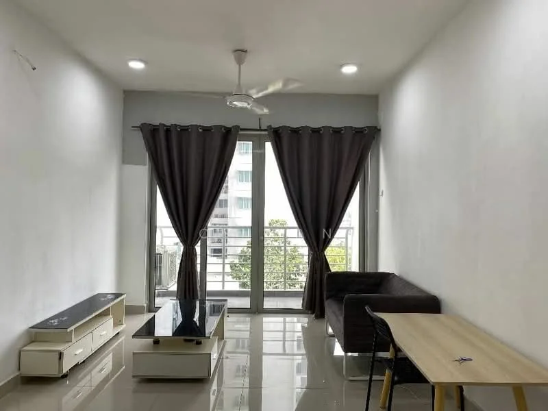 Living features: white painted walls, glossy tile flooring, 5-blade ceiling fan with light, floor-to-ceiling sliding glass door, grey curtains, black coffee table, white TV console, brown fabric sofa, wooden dining table, black dining chair; style: modern; view: garden.