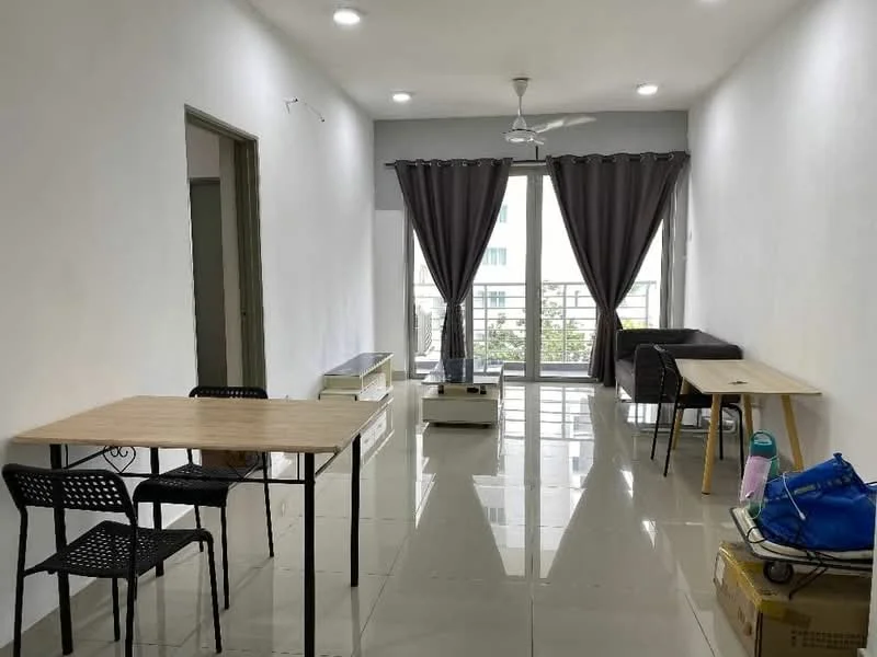Living features: white painted walls, glossy ceramic tile flooring, 5-blade ceiling fan with light, floor-to-ceiling windows, grey curtains, two wooden tables, four black chairs, sofa, coffee table, decorative items on the floor; style: modern; view: city.