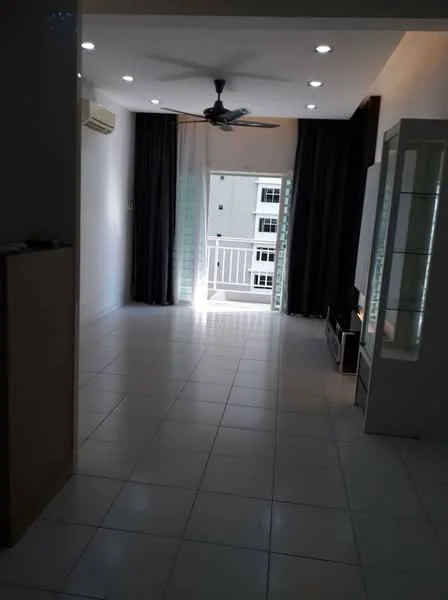 Living features: white painted walls, white tiled flooring, 5-blade ceiling fan with light, floor-to-ceiling windows, sliding glass door, blackout curtains, sheer curtains, built-in display cabinet, TV console, natural light from balcony, open layout, air conditioning unit; style: modern.