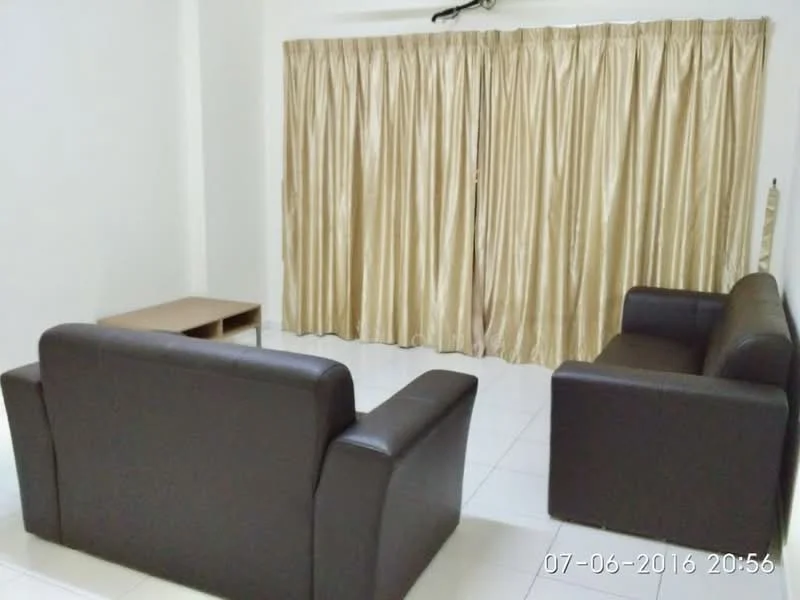 Living features: 2-seater leather sofa in dark brown, 3-seater leather sofa in dark brown, wooden coffee table, white tiled flooring, cream curtains, plain white walls, no visible decor; style: modern.