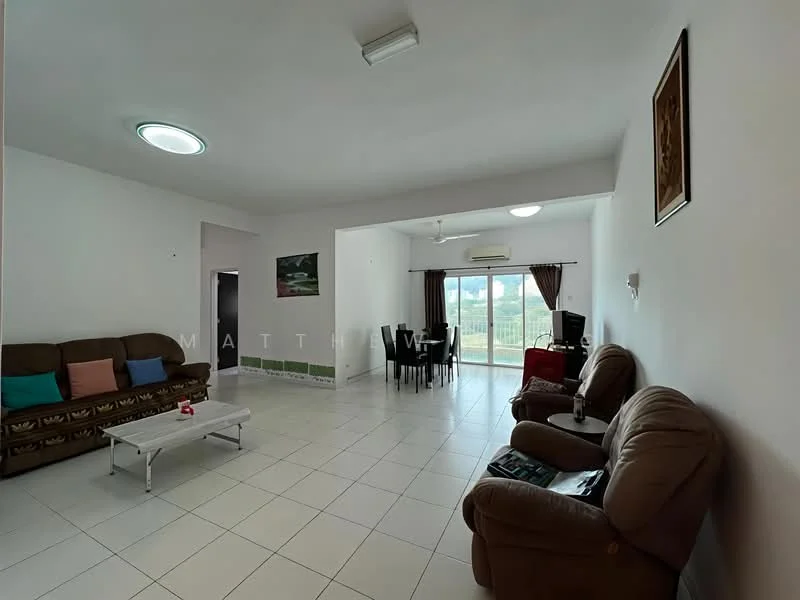 Living features: cream painted walls, white tiled flooring, recessed ceiling lights, 5-blade ceiling fan, 2 brown leather recliners, 3-seater fabric sofa in brown, white coffee table, dining table with 4 chairs, floor-to-ceiling windows with curtains, air conditioning unit; style: modern; view: garden.