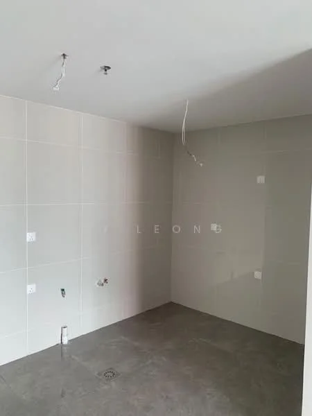 Room features: grey tiled flooring, white tiled walls, exposed electrical wiring, plumbing fixtures visible, drainage outlet on floor.