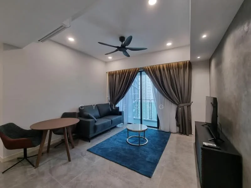 Living features: 3-seater fabric sofa in dark grey, round coffee table with metal base, area rug in blue, floor-to-ceiling windows, sheer curtains, blackout curtains, ceiling fan with light, wall-mounted TV, TV console in dark wood, decorative wall with light grey paint, recessed downlights, light grey tiled flooring; style: modern; view: city.