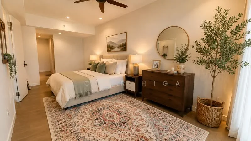 Bedroom features: king-size bed with white bedding, upholstered headboard, two bedside lamps with beige shades, wooden dresser in dark finish, decorative mirror above dresser, area rug with intricate pattern, potted plant in woven basket, ceiling fan with light, neutral painted walls, large window with sheer curtains, recessed downlights; style: modern.
