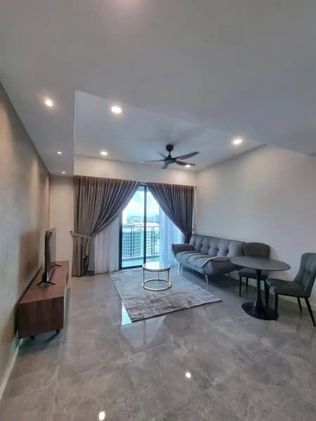 Living features: grey fabric sofa, coffee table, TV console, wall-mounted TV, area rug, 5-blade ceiling fan with light, recessed downlights, floor-to-ceiling windows, sheer curtains, sliding glass door, marble tile flooring, decorative wall with gold accents; style: modern; view: city.