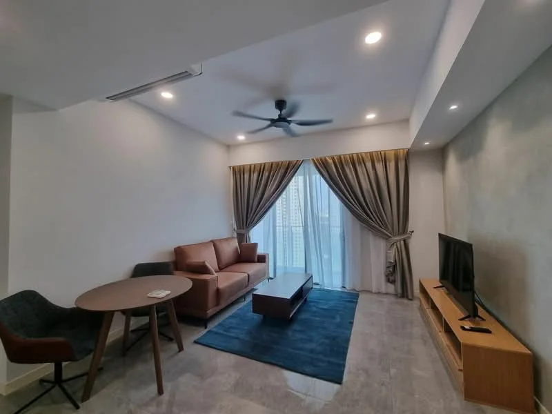 Living features: 3-seater fabric sofa in brown, coffee table, TV console, wall-mounted TV, area rug in blue, floor-to-ceiling windows, sheer curtains, blackout curtains, ceiling fan, recessed downlights, grey accent wall, light grey tile flooring; style: modern; view: city.