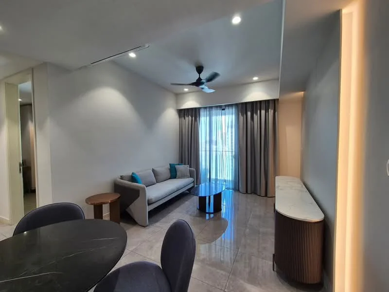 Living features: 3-seater fabric sofa in light grey, round coffee table, ceiling fan with light, floor-to-ceiling windows, curtains in light grey, wall-mounted TV console, decorative wall lighting, polished tile flooring, accent cushions in turquoise, recessed downlights; style: modern.
