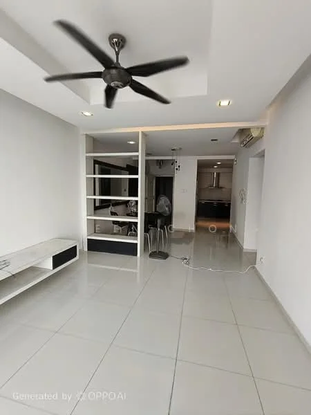Living features: white painted walls, glossy tile flooring, 5-blade ceiling fan with light, built-in shelving unit, open layout to kitchen, dining area with table and chairs, air conditioning unit, floor-to-ceiling windows, neutral color scheme, decorative wall paneling; style: modern. Kitchen features: open kitchen layout, kitchen countertop, kitchen cabinets, stainless-steel sink, built-in appliances, tile backsplash; style: modern.