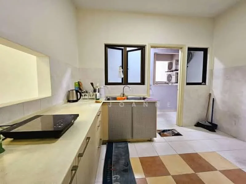 Kitchen features: light-colored countertop, stainless-steel sink, chrome faucet, white cabinetry, tile backsplash, built-in stove, two windows, ceramic tile flooring, kitchen island with storage, kitchen appliances visible, clean and minimalistic design; style: modern.