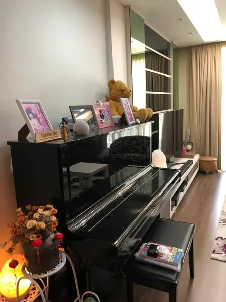 Living features: black piano, black piano bench, wooden flooring, cream painted walls, large window with sheer curtains, TV console, wall-mounted TV, decorative teddy bear, framed photographs on display, decorative vase with dried flowers, shelf unit with green accents, area rug; style: modern.
