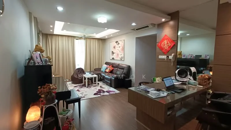 Living features: 3-seater black leather sofa, 2-seater fabric sofa, coffee table, area rug with floral pattern, wall-mounted TV, entertainment unit, floor-to-ceiling windows with sheer curtains, recessed downlights, wooden flooring, decorative wall art, potted plants, decorative lantern, study desk with laptop; style: modern.