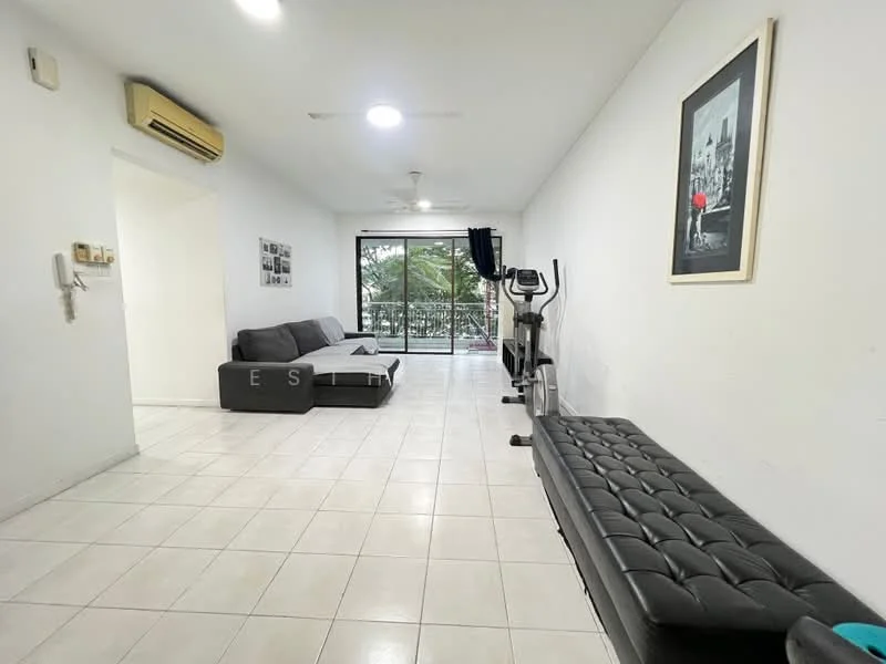 Living features: white painted walls, tile flooring, 5-blade ceiling fan, floor-to-ceiling windows, sliding glass door, black leather bench, grey fabric sofa, wall-mounted TV, exercise bike, decorative artwork, natural light from windows; style: modern; view: garden.