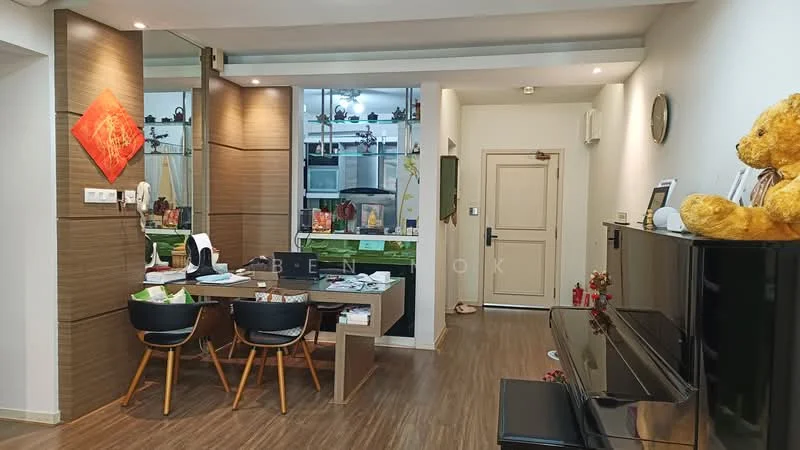 Room features: wooden flooring, white painted walls, recessed downlights, glass display shelves, black piano, desk with multiple items, black chairs with wooden legs, decorative wall art, door with security lock, teddy bear decoration, green accents on shelves, wall-mounted clock; style: modern.