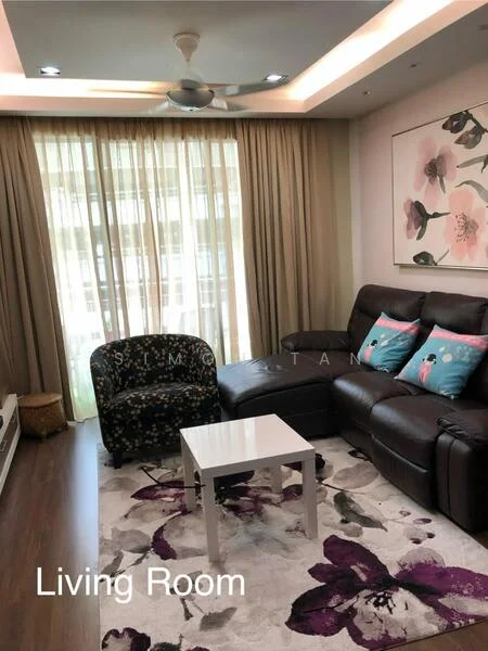 Living features: 3-seater brown leather sofa, floral patterned armchair, white coffee table, area rug with floral pattern, floor-to-ceiling windows, sheer curtains, recessed downlights, ceiling fan, decorative wall art with floral design, wooden flooring; style: modern.