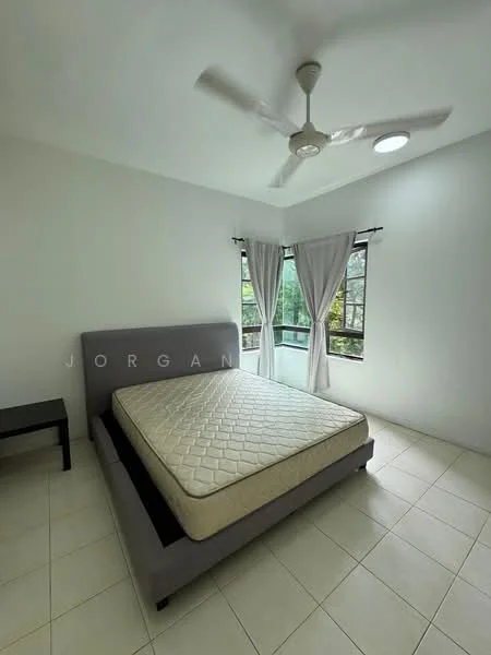 Bedroom features: queen-size bed frame in grey, mattress without bedding, white painted walls, tile flooring, 5-blade ceiling fan, floor-to-ceiling windows, curtains, nightstand, natural light from window, view of greenery outside; style: modern; view: garden.